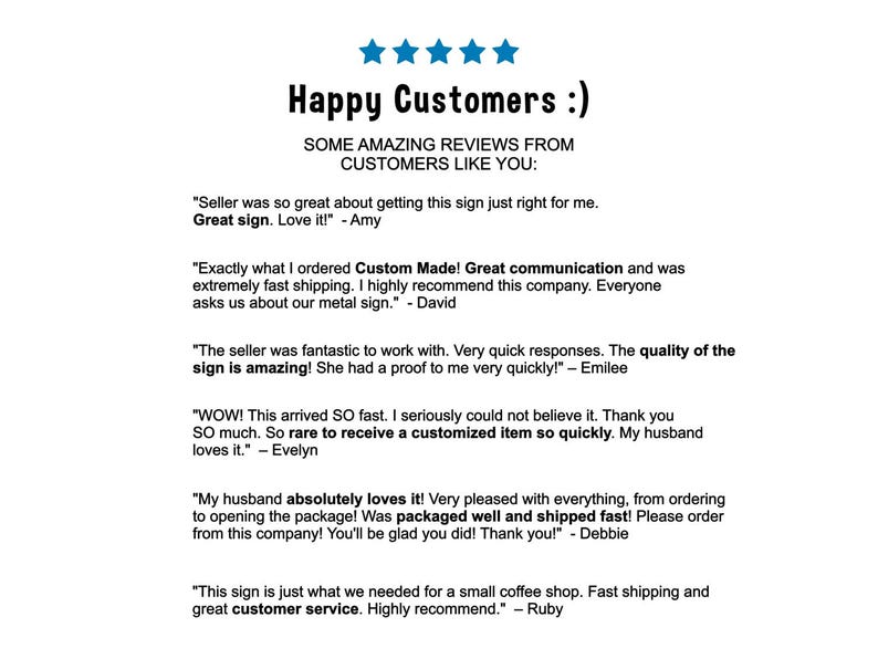 May include: White background with the text "Happy Customers :)" and customer reviews. The reviews highlight positive experiences with a seller, mentioning fast shipping, quality, and custom orders. Blue star graphics are at the top.