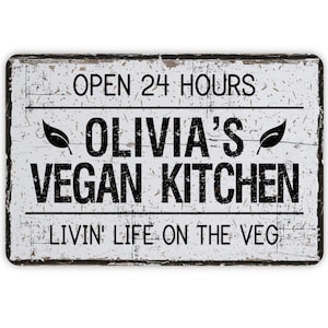 Vintage Style Vegan Personalized Kitchen Metal Sign, Contemporary Modern Farmhouse Wall Decor, Vegetarian Themed Plant Novelty Gift 12&quot;x8&quot;