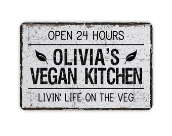 Vintage Style Vegan Personalized Kitchen Metal Sign, Contemporary Modern Farmhouse Wall Decor, Vegetarian Themed Plant Novelty Gift 12"x8"