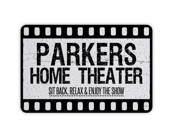 Custom Home Theater Personalized Metal Sign, Family Cinema Room Home Wall Decor, Movie Themed Contemporary Modern Farmhouse Gift, 12"x8"