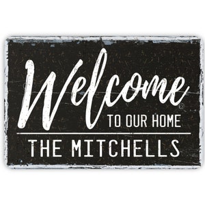 Welcome To Our Home Personalized Metal Sign With Family Last Name, Rustic Customized Farmhouse Wall Decor, Vintage Novelty Gift, 12&quot; x 8&quot;