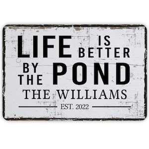 Vintage Style Personalized Life Is Better By The Pond Sign With Est Date, Contemporary Modern Farmhouse Metal Wall Decor, 12&quot; x 8&quot; Aluminum