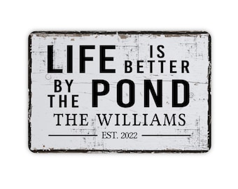 Vintage Style Personalized Life Is Better By The Pond Sign With Est Date, Contemporary Modern Farmhouse Metal Wall Decor, 12" x 8" Aluminum