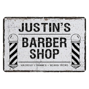 Personalized Barbershop Sign, Custom Barber Shop Metal Decor, Barber Pole Wall Art - Barbershop Gift for Him - Haircut & Shave Sign, 12&quot;x8&quot;