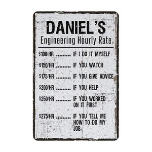 May include: A rectangular metal sign with a distressed white background and black text. The sign reads "DANIEL'S Engineering Hourly Rate" with various hourly rates listed, increasing with the level of involvement. The sign has a vintage, worn appearance.