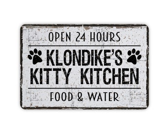 Personalized Kitty Kitchen Funny Cat Rustic Custom Metal Sign, Modern Wall Farmhouse Style Feline Home Decor, Cat Food Station Sign, 8"x12"