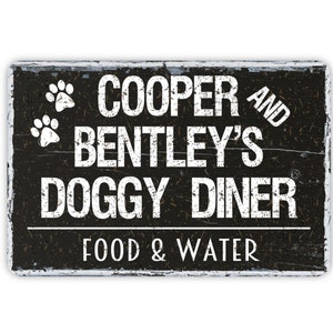 Personalized 2 Dog Doggy Diner Funny Dog Rustic Metal Sign, Modern Wall Metal Farmhouse Style Dog Home Decor, Dog Food Station Sign, 12&quot;x8&quot;