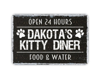 Personalized Kitty Diner Funny Cat Rustic Metal Sign - Custom Modern Wall Farmhouse Style Cat Mom Home Decor, Cat Food Station Sign, 12"x8"