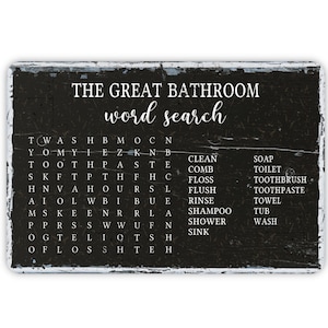 Rustic Funny Bathroom Word Search Metal Sign, Contemporary Modern Farmhouse Wall Decor, Bathroom Themed Vintage Novelty Gift, 12&quot;x8&quot;