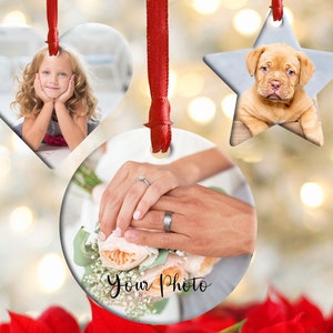 Personalised Ceramic Photo & Message Circle Star or Heart Hanging Decoration / Bauble Personalised Christmas Ornament, Pet Family Bauble