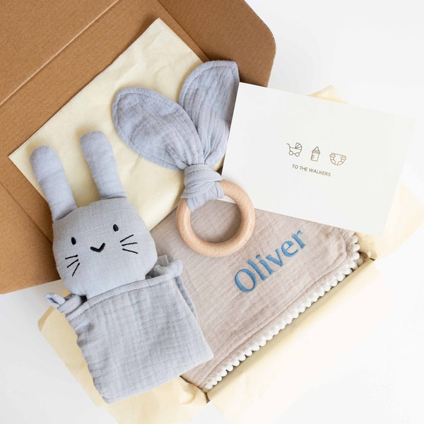 Baby Newborn Gift Set - Personalised Baby Blanket - Muslin Cotton Blanket - Cuddle Blanket - Teether - Organic Cotton