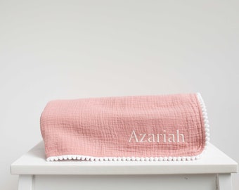 Personalised Organic Cotton Baby Blanket - Embroidered Name - Muslin Wrap - Newborn Baby Gift - Blanket with name