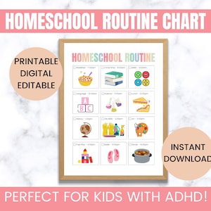 May include: A printable homeschool routine chart with colorful illustrations and checkboxes for each activity. The chart includes activities like breakfast, circle time, math, language, science, lunch, history, life skills, art, free play, ballet, and dinner. The text "HOMESCHOOL ROUTINE" is at the top of the chart. The text "INSTANT DOWNLOAD" is in the bottom right corner. The text "PERFECT FOR KIDS WITH ADHD!" is at the bottom of the chart.