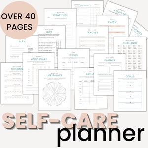 Planificador de autocuidado, Diario de salud mental, Hoja de trabajo de objetivos, Rastreador de hábitos, Tablero de estado de ánimo, Gratitud imprimible, Pegatinas de afirmación, Atención plena