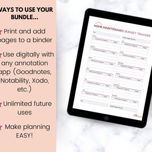 May include: A digital tablet displaying a printable home maintenance budget tracker. The tracker is organized by month and includes sections for maintenance categories and budget. The text "HOME MAINTENANCE BUDGET TRACKER" is displayed at the top of the page.