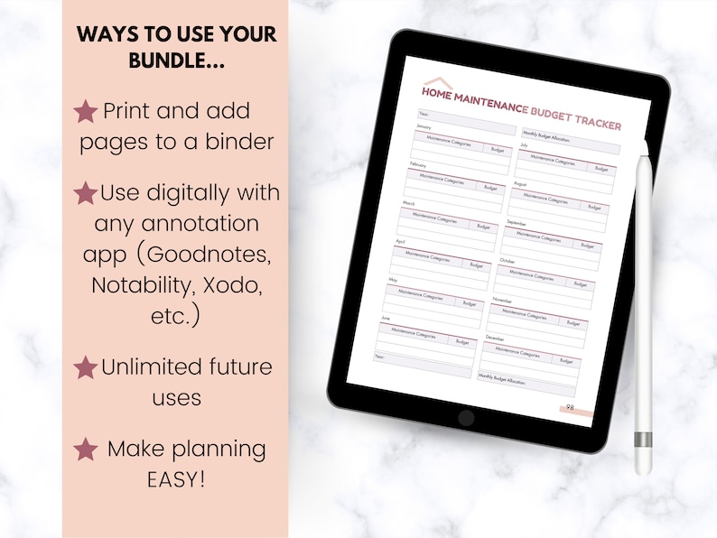 May include: A digital tablet displaying a printable home maintenance budget tracker. The tracker is organized by month and includes sections for maintenance categories and budget. The text "HOME MAINTENANCE BUDGET TRACKER" is displayed at the top of the page.