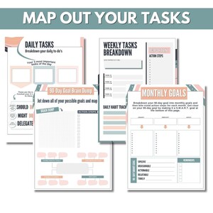 May include: A printable planner with a light blue and pink color scheme. The planner includes sections for daily tasks, weekly tasks, monthly goals, and a 90-day goal brain dump. The text "Map Out Your Tasks" is at the top of the page.