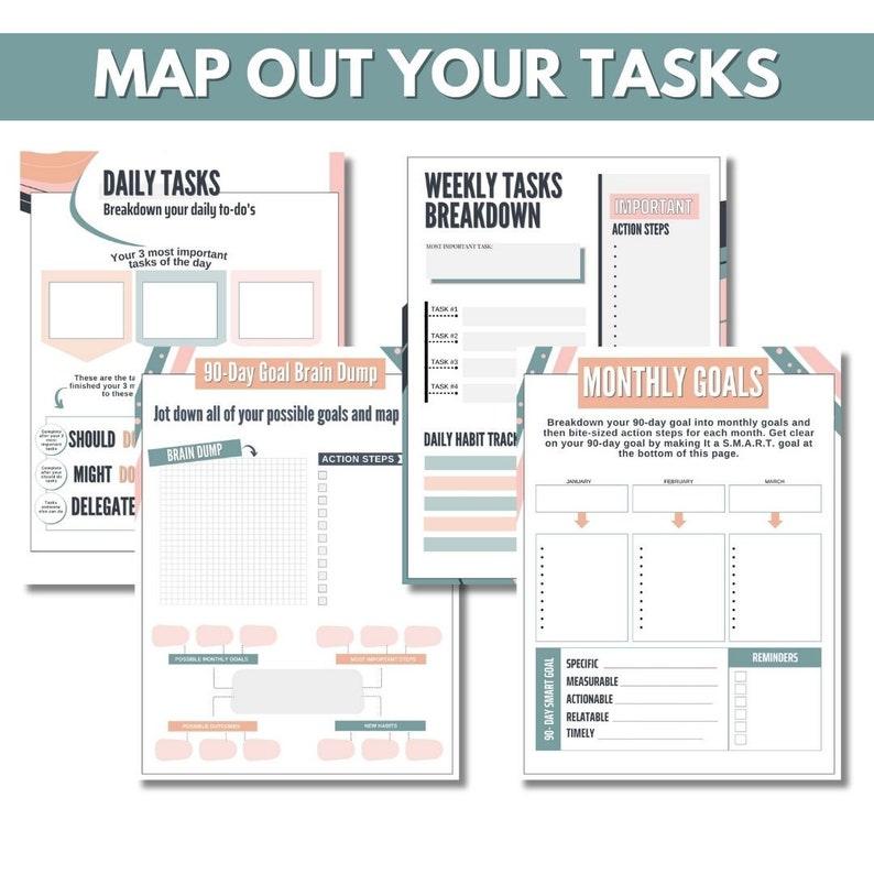 Digital 90-day Goal Setting Planner, Goal Tracker Journal, Goals Workbook, Monthly Yearly Goals ...