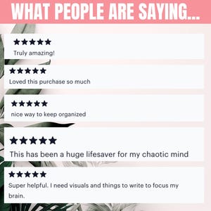 May include: Five customer reviews with five stars each. The reviews are: "Truly amazing!" "Loved this purchase so much" "nice way to keep organized" "This has been a huge lifesaver for my chaotic mind" "Super helpful. I need visuals and things to write to focus my brain."