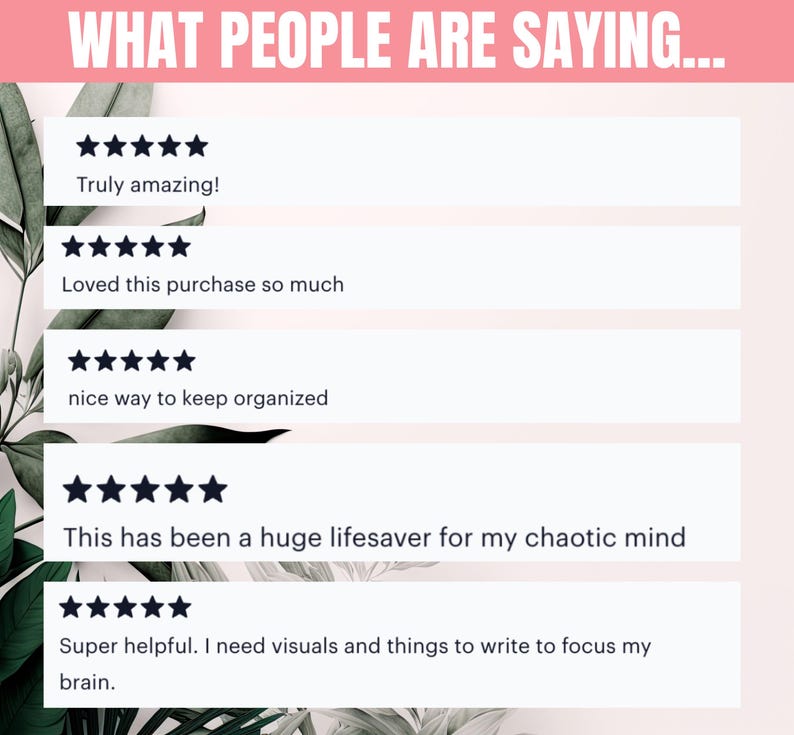 May include: Five customer reviews with five stars each. The reviews are: "Truly amazing!" "Loved this purchase so much" "nice way to keep organized" "This has been a huge lifesaver for my chaotic mind" "Super helpful. I need visuals and things to write to focus my brain."