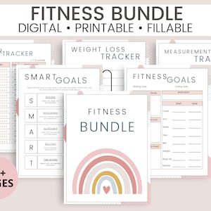 May include: A printable fitness bundle with a pink, blue, and yellow rainbow design. The bundle includes trackers for water intake, weight loss, measurements, and fitness goals. The text "SMART GOALS" and "FITNESS GOALS" are also included.