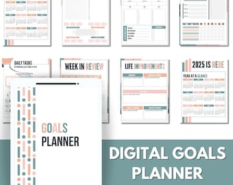May include: A digital goals planner with a teal and pink color scheme. The planner includes sections for daily tasks, weekly tasks, monthly goals, and a 90-day goal brain dump. The planner also includes a year at a glance calendar for 2024 and 2025.