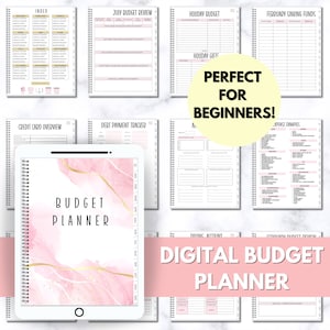 May include: A digital budget planner with a pink and gold marble design. The planner includes sections for index, monthly budget review, holiday budget, sinking funds, credit card overview, debt payment tracker, expense examples, and a monthly budget overview.
