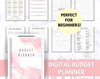 May include: A digital budget planner with a pink and gold marble design. The planner includes sections for index, monthly budget review, holiday budget, sinking funds, credit card overview, debt payment tracker, expense examples, and a monthly budget overview.
