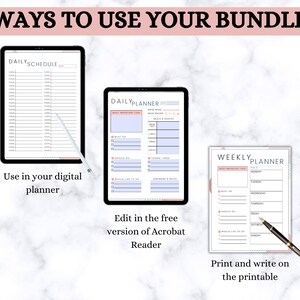 Op de afbeelding: Een digitale plannerbundel met drie verschillende lay-outs: een dagschema, een dagplanner en een weekplanner. Het dagschema heeft een eenvoudige rasterindeling, de dagplanner bevat secties voor "Belangrijkste taak", "Moet doen", "Zou moeten doen", "Zou graag willen doen", en de weekplanner heeft een rasterindeling met de dagen van de week vermeld.