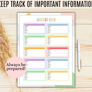 Op de afbeelding: Een printbaar adresboek met kleurrijke geometrische vormen en de titel "ADDRESS BOOK". De pagina is verdeeld in secties met velden voor naam, adres, mobiel, werk, thuis en e-mail. De tekst "KEEP TRACK OF IMPORTANT INFORMATION" staat bovenaan de pagina. De tekst "Always be prepared!" staat in een cirkel onderaan de pagina.