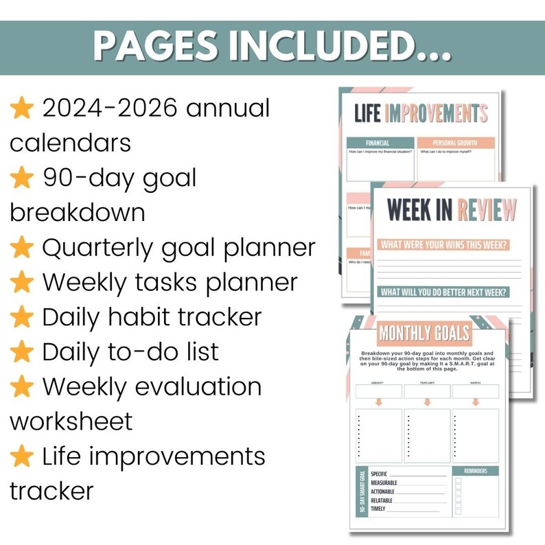 May include: A printable planner with a pink and teal color scheme. The planner includes pages for 2024-2026 annual calendars, 90-day goal breakdown, quarterly goal planner, weekly tasks planner, daily habit tracker, daily to-do list, weekly evaluation worksheet, and life improvements tracker. The planner also includes pages for weekly review and monthly goals.