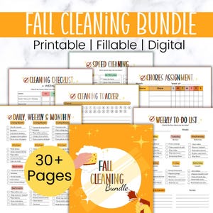 May include: A fall cleaning bundle with printable, fillable, and digital checklists. The bundle includes a cleaning checklist, speed cleaning guide, chore assignment chart, cleaning tracker, and weekly to-do list. The bundle has over 30 pages.