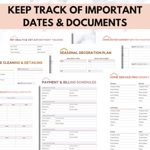 May include: A printable set of checklists and trackers for home organization. The checklists include sections for pet health, vehicle cleaning, home entertainment system maintenance, seasonal decoration planning, payment and billing schedules, and home service provider contacts. The checklists are designed to help keep track of important dates and documents.
