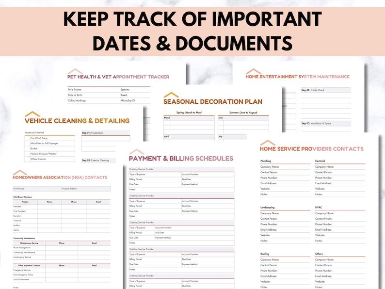 May include: A printable set of checklists and trackers for home organization. The checklists include sections for pet health, vehicle cleaning, home entertainment system maintenance, seasonal decoration planning, payment and billing schedules, and home service provider contacts. The checklists are designed to help keep track of important dates and documents.