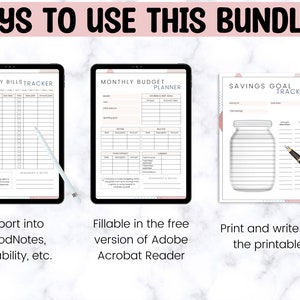 May include: Three printable budget planner pages: a monthly bills tracker, a monthly budget planner, and a savings goal tracker. The pages are designed in a minimalist style with pink accents and are suitable for use with digital note-taking apps or for printing.