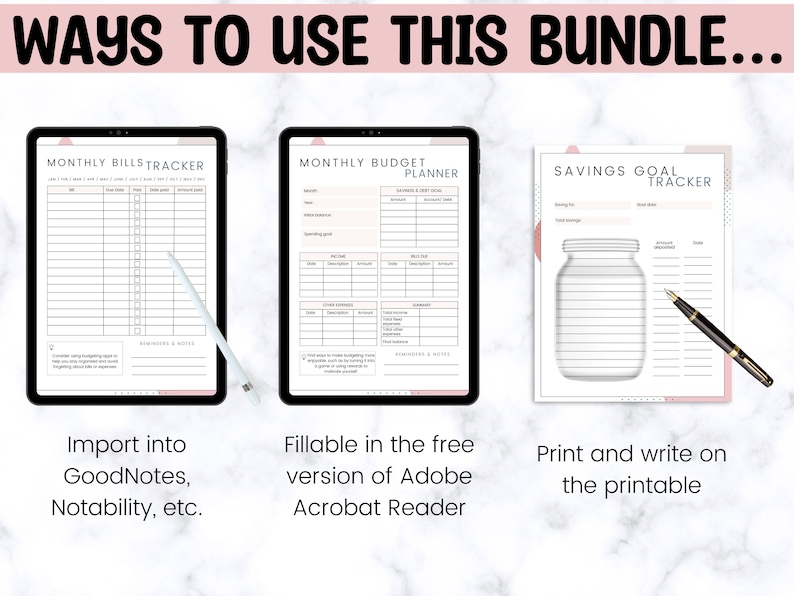 May include: Three printable budget planner pages: a monthly bills tracker, a monthly budget planner, and a savings goal tracker. The pages are designed in a minimalist style with pink accents and are suitable for use with digital note-taking apps or for printing.