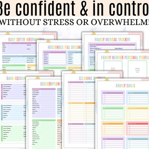 Op de afbeelding: Een set printbare checklists en trackers voor het organiseren van huishoudelijke taken, financi&euml;n en familie-informatie. De pagina's zijn versierd met pastelkleuren en geometrische vormen.