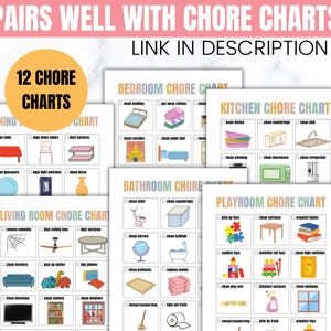 May include: Twelve printable chore charts for different rooms of the house, including the bedroom, bathroom, kitchen, living room, dining room, and playroom. Each chart features colorful illustrations and checkboxes for completing tasks.