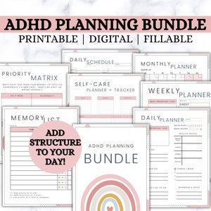 Op de afbeelding: Een printbare en digitale ADHD-planningsbundel met een roze, oranje en gele regenboogontwerp. De bundel bevat een dagschema, een maandplanner, een weekplanner, een prioriteitenmatrix, een geheugenlijst en een zelfzorgplanner.