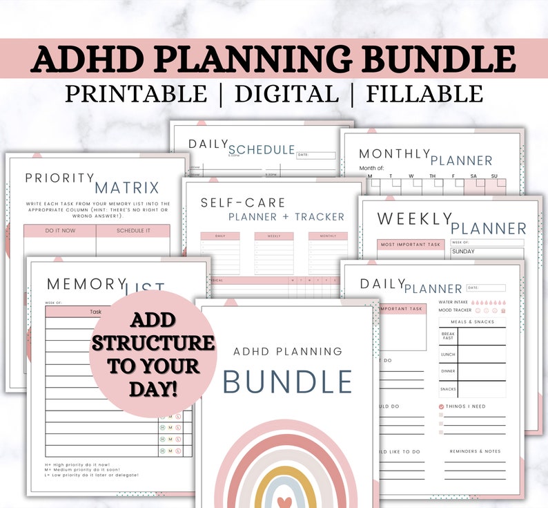 Op de afbeelding: Een printbare en digitale ADHD-planningsbundel met een roze, oranje en gele regenboogontwerp. De bundel bevat een dagschema, een maandplanner, een weekplanner, een prioriteitenmatrix, een geheugenlijst en een zelfzorgplanner.
