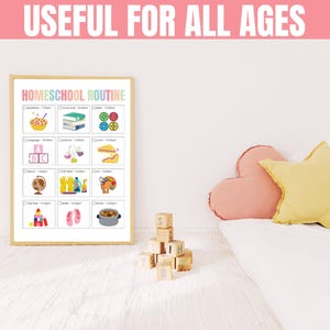 May include: A printable homeschool routine chart with colorful icons and checkboxes for each subject. The chart includes subjects like breakfast, circle time, math, language, science, lunch, history, free play, and dinner. The chart is printed on white paper and is framed in a white frame. The chart is hanging on a white wall. The chart is in a child's bedroom with a pink heart-shaped pillow and a yellow pillow on a white bed.