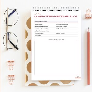 May include: A white log book with a pink header that says "Lawnmower Maintenance Log". The log book has sections for recording information about the lawnmower, including the brand and model, date of purchase, warranty expiration date, date of last blade sharpening, date of last oil change, spark plug replacement date, air filter replacement date, additional maintenance details, date of last repair, repair details, and expected lifespan. The log book also has a section for pasting warranty papers.