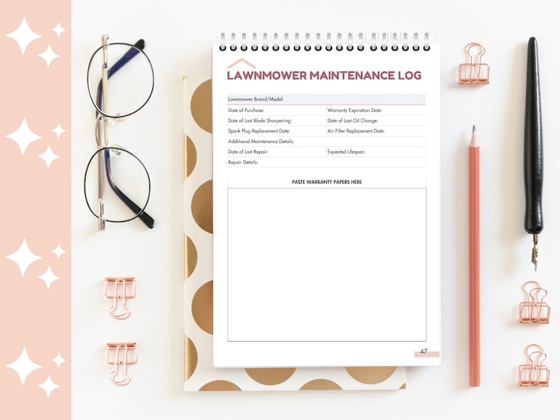 May include: A white log book with a pink header that says "Lawnmower Maintenance Log". The log book has sections for recording information about the lawnmower, including the brand and model, date of purchase, warranty expiration date, date of last blade sharpening, date of last oil change, spark plug replacement date, air filter replacement date, additional maintenance details, date of last repair, repair details, and expected lifespan. The log book also has a section for pasting warranty papers.