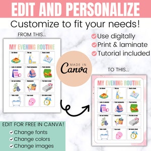 May include: A printable checklist for an evening routine with colorful illustrations. The checklist includes tasks like "Eat dinner", "Tidy up", "Read a book", "Look at calendar", "Pack backpacks", "Pack lunches", "Set out clothes", "Homework", "Put kids to bed", "Take a bath", "Face mask", and "Set alarm clock". The checklist is editable in Canva.