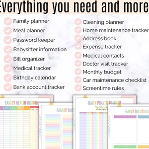 Op de afbeelding: Een checklist met hulpmiddelen voor gezinsorganisatie en -planning, waaronder een tracker voor de gezondheidsgeschiedenis van het gezin, een dagelijkse gebedstracker, een gezinsbudgettracker en een tracker voor familietradities. De checklist bevat items zoals gezinskalender, maaltijdplanner, wachtwoordbeheerder, informatie over de oppas, factuurorganisator, medische tracker, verjaardagskalender, bankrekeningtracker, schoonmaakplanner, onderhoudstracker voor het huis, adresboek, uitgaven-tracker, medische contacten, tracker voor doktersbezoeken, maandelijks budget, checklist voor auto-onderhoud en regels voor schermtijd.