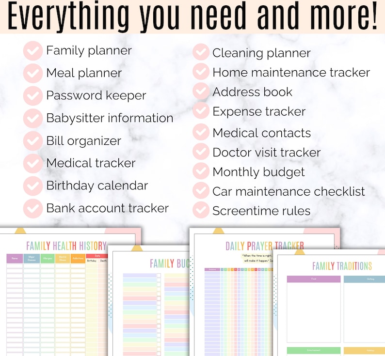 Op de afbeelding: Een checklist met hulpmiddelen voor gezinsorganisatie en -planning, waaronder een tracker voor de gezondheidsgeschiedenis van het gezin, een dagelijkse gebedstracker, een gezinsbudgettracker en een tracker voor familietradities. De checklist bevat items zoals gezinskalender, maaltijdplanner, wachtwoordbeheerder, informatie over de oppas, factuurorganisator, medische tracker, verjaardagskalender, bankrekeningtracker, schoonmaakplanner, onderhoudstracker voor het huis, adresboek, uitgaven-tracker, medische contacten, tracker voor doktersbezoeken, maandelijks budget, checklist voor auto-onderhoud en regels voor schermtijd.