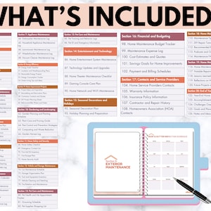 May include: A printable checklist for home maintenance, divided into sections with titles like "Exterior Maintenance", "Seasonal Decorations and Holidays", and "Financial and Budgeting". The checklist is designed to help homeowners keep track of their home maintenance tasks.