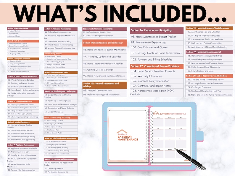 May include: A printable checklist for home maintenance, divided into sections with titles like "Exterior Maintenance", "Seasonal Decorations and Holidays", and "Financial and Budgeting". The checklist is designed to help homeowners keep track of their home maintenance tasks.