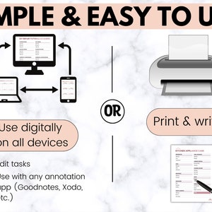 May include: A digital printable kitchen appliance care checklist. The checklist can be used digitally on all devices, including phones, tablets, and computers. It can also be printed and written on. The checklist includes a section for each appliance, with space to record the model number, purchase date, warranty information, and maintenance schedule.