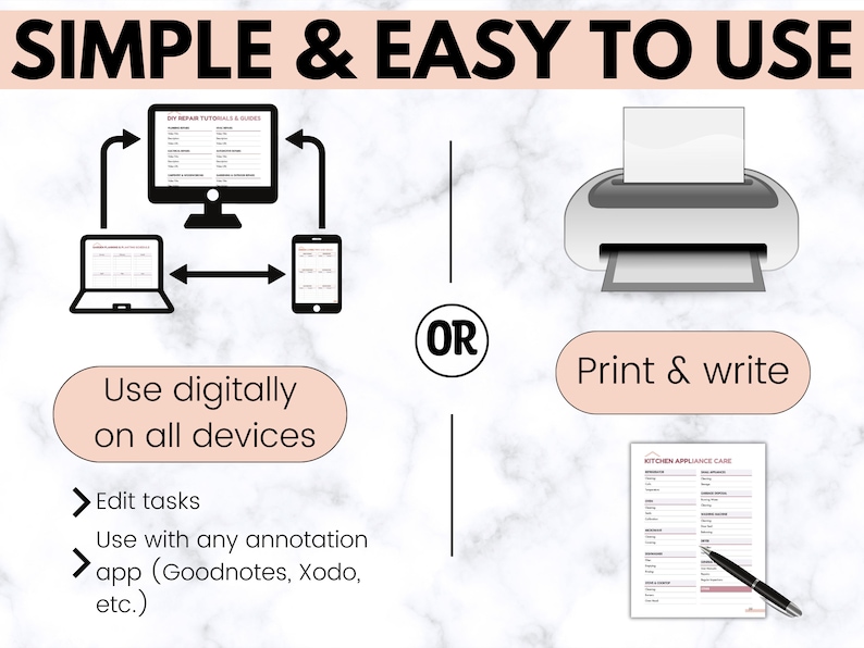May include: A digital printable kitchen appliance care checklist. The checklist can be used digitally on all devices, including phones, tablets, and computers. It can also be printed and written on. The checklist includes a section for each appliance, with space to record the model number, purchase date, warranty information, and maintenance schedule.